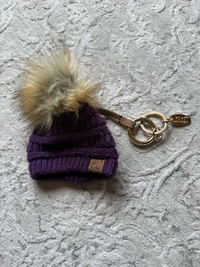 C.C  Purple Knit Pom Hat Keychain with Faux Fur Pom